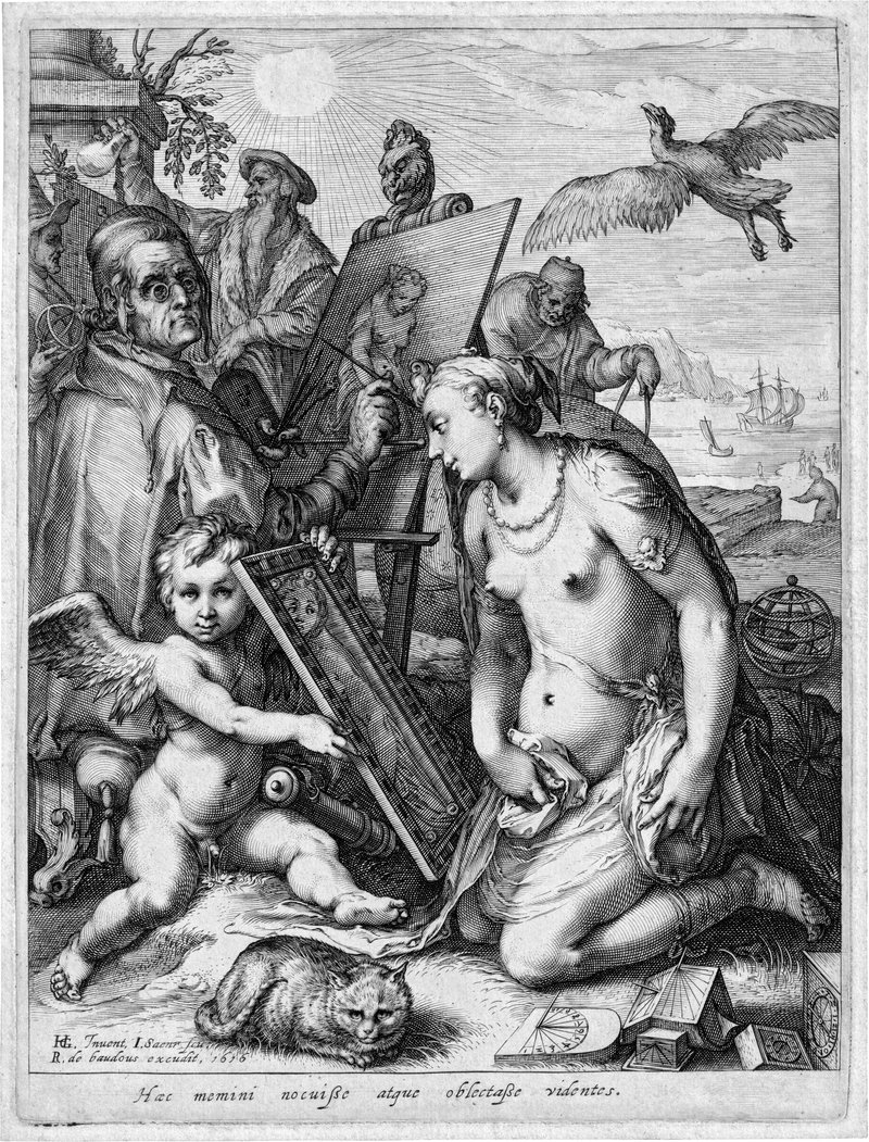Mehrere Figuren in detailreicher Szene mit Maler, Skizze, geflügeltem Kind, sitzender Frau und Symbolen der bildenden Kunst.